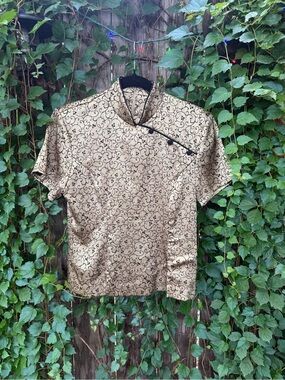 Jessica Howard Gold Brocade Mandarin-Collar Top with Black Trim